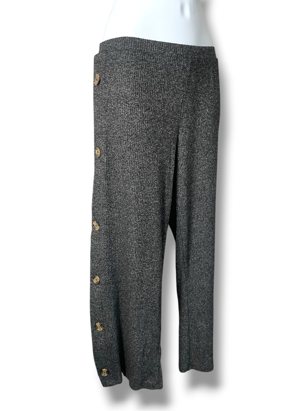 Ribbed Knit Wide Leg Pants Button Detail Lounge Cozy Soft Stretch -Heart & Hips